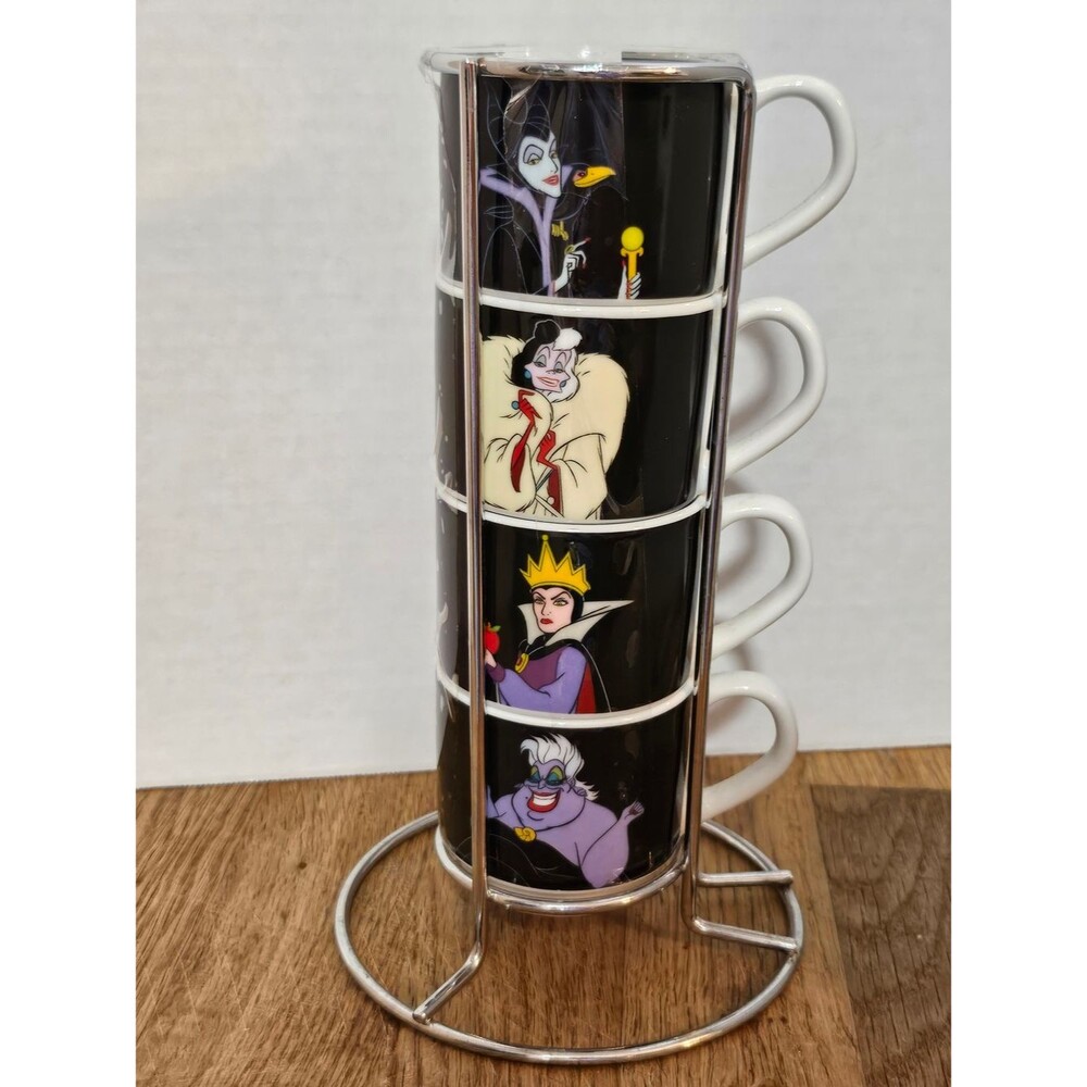 Disney Villains Espresso Cups with Silver Caddy Collector
